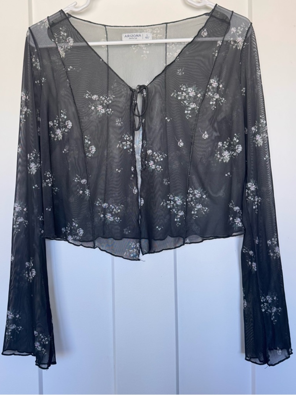 Arizona Jean Co Sheer Mesh Floral Tie-Front Top in Black and White - Size L